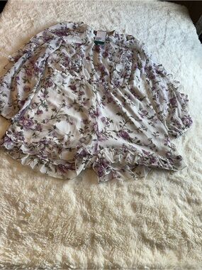 H&M White Floral Ruffled romper with Purple and Green Print